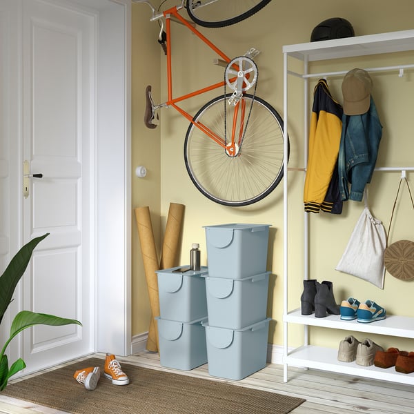 TRÖSKNING bin with lid, light grey-blue, 25 l