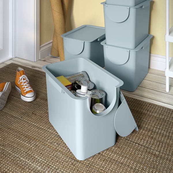 TRÖSKNING bin with lid, light grey-blue, 25 l