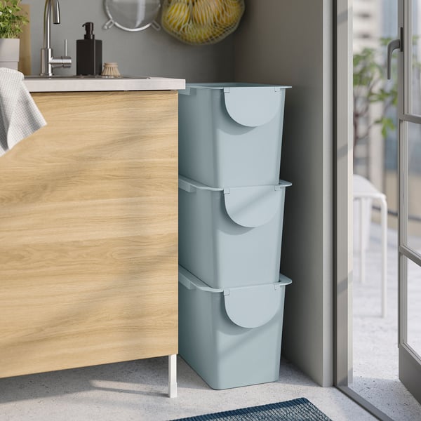 TRÖSKNING bin with lid, light grey-blue, 25 l