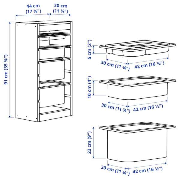 Ikea TROFAST - Storage combination with boxes/tray, light white stained pine white/grey, 44x30x91 cm