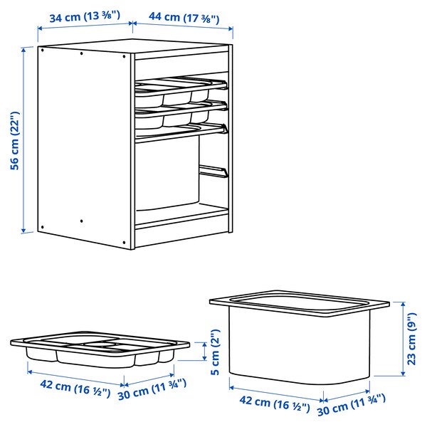 TROFAST - Combination with container/tray, white white/grey,34x44x56 cm