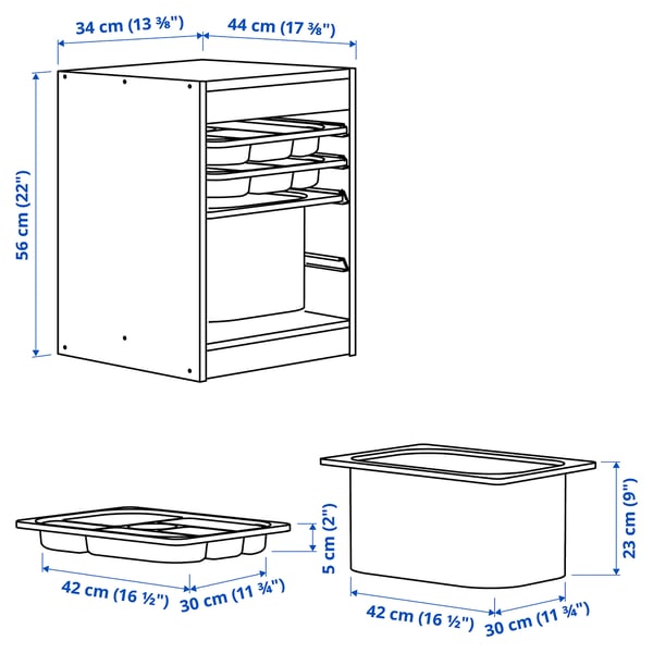 TROFAST storage combination with box/trays, white red/light blue, 34x44x56 cm