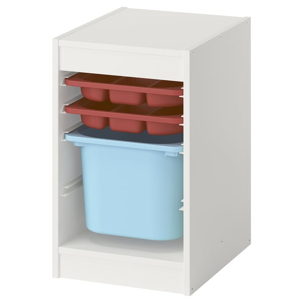 TROFAST storage combination with box/trays, white red/light blue, 34x44x56 cm