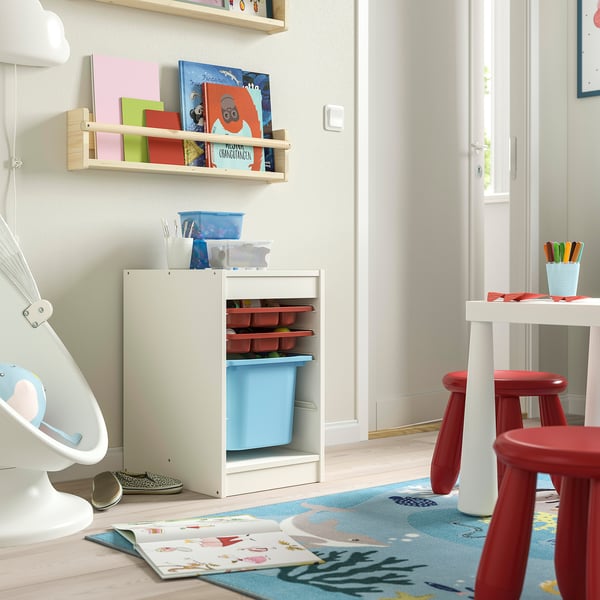 TROFAST storage combination with box/trays, white red/light blue, 34x44x56 cm