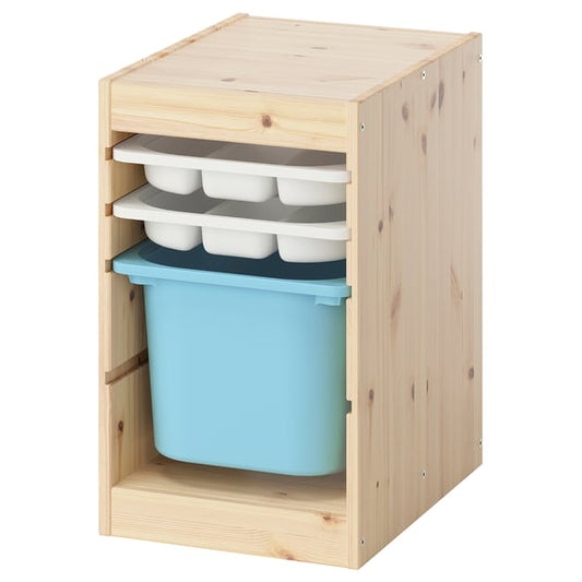 TROFAST - TROFAST Storage combination with box/trays, light white stained pine white/light blue, 32x44x52 cm