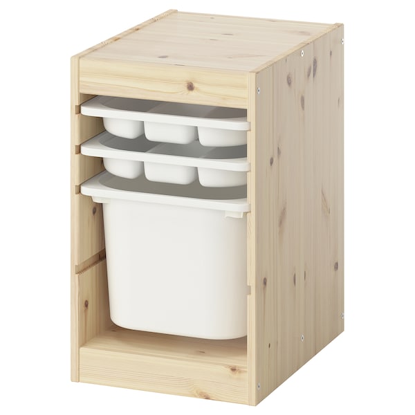 TROFAST - Combination with container/tray, pine with white/white stain,32x44x52 cm