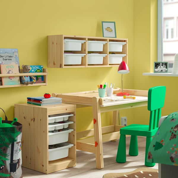 TROFAST storage combination with box/trays, light white stained pine/white, 32x44x52 cm