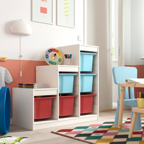 TROFAST storage combination with boxes, white light blue/red, 99x44x94 cm
