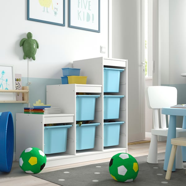 TROFAST storage combination with boxes, white/light blue, 99x44x94 cm