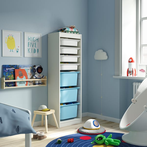 TROFAST storage combination with boxes, white white/light blue, 46x30x145 cm