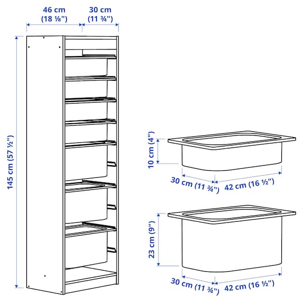 TROFAST - Storage combination with boxes, white/white grey, 46x30x145 cm