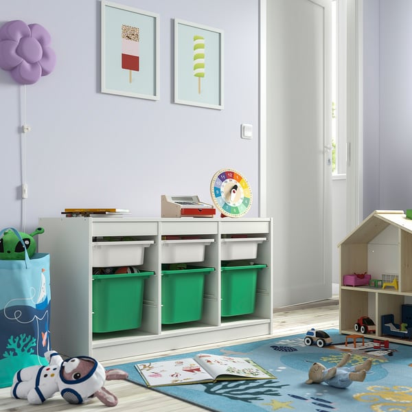 TROFAST storage combination with boxes, white white/bright green, 99x44x56 cm