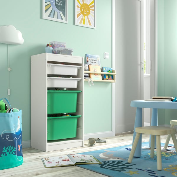 TROFAST storage combination with boxes, white white/bright green, 46x30x94 cm