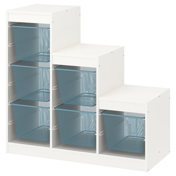 TROFAST storage combination with boxes, white/grey-blue, 99x44x94 cm