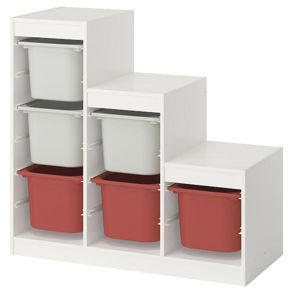 TROFAST - Storage combination with boxes, white grey/red, 99x44x94 cm