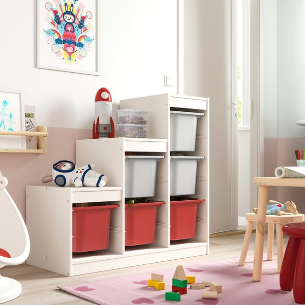 TROFAST storage combination with boxes, white grey/red, 99x44x94 cm