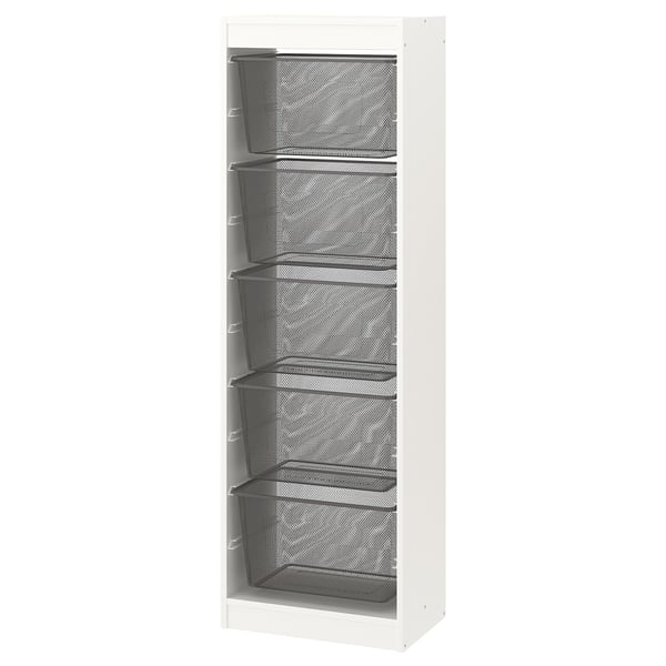 TROFAST storage combination with boxes, white/dark grey, 46x30x145 cm