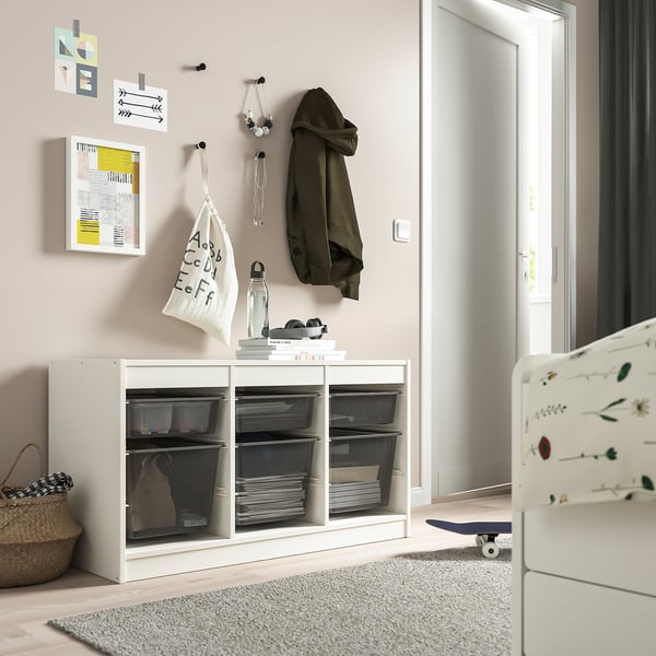 TROFAST storage combination with boxes, white/dark grey, 99x44x56 cm