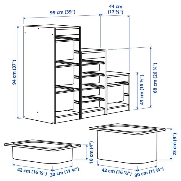 TROFAST storage combination with boxes, white/multicolour, 99x44x94 cm