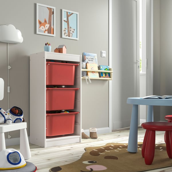 TROFAST storage combination with boxes, white/red, 46x30x94 cm
