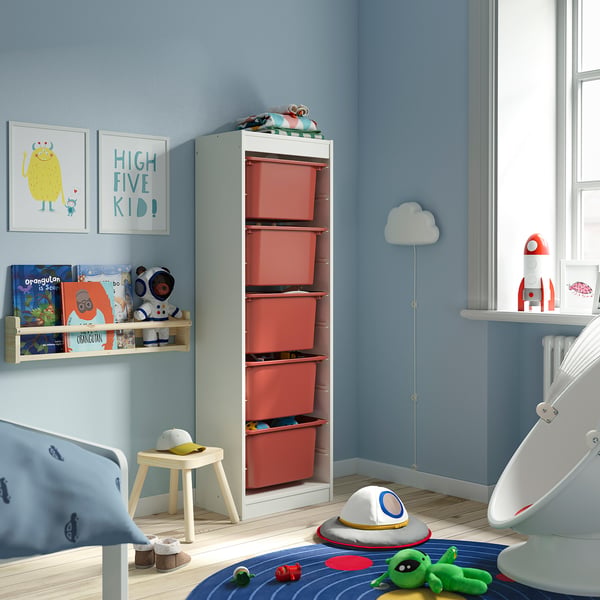 TROFAST storage combination with boxes, white/red, 46x30x145 cm