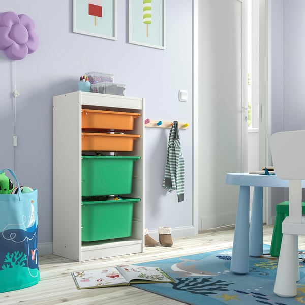 TROFAST storage combination with boxes, white light orange/bright green, 46x30x94 cm