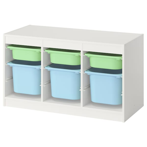 TROFAST - Storage combination with boxes, white light green/light blue, 99x44x56 cm