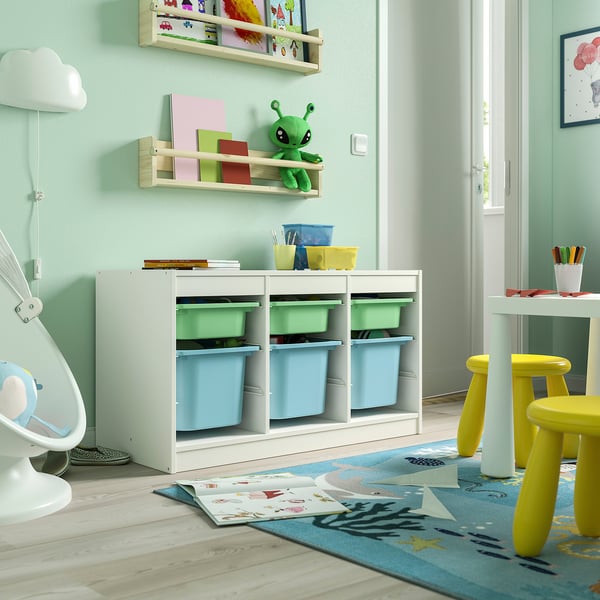 TROFAST storage combination with boxes, white light green/light blue, 99x44x56 cm