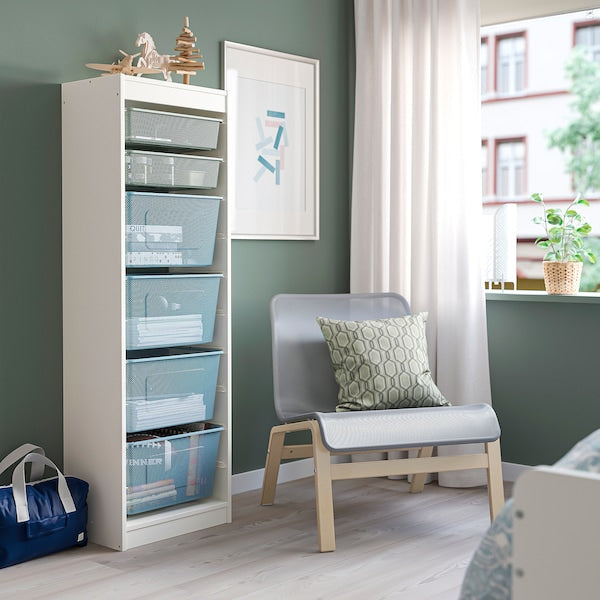 TROFAST - Storage combination with boxes, white light green-grey/grey-blue, 46x30x145 cm