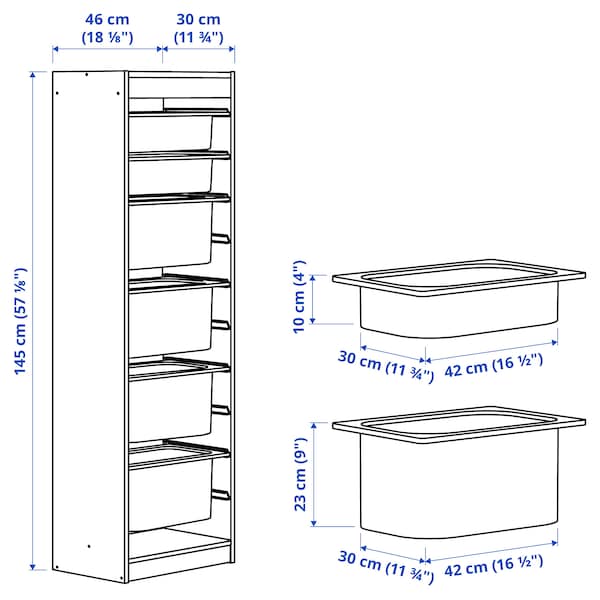 TROFAST - Storage combination with boxes, white light green-grey/grey-blue, 46x30x145 cm