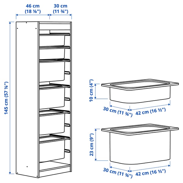 TROFAST storage combination with boxes, white light green-grey/grey-blue, 46x30x145 cm