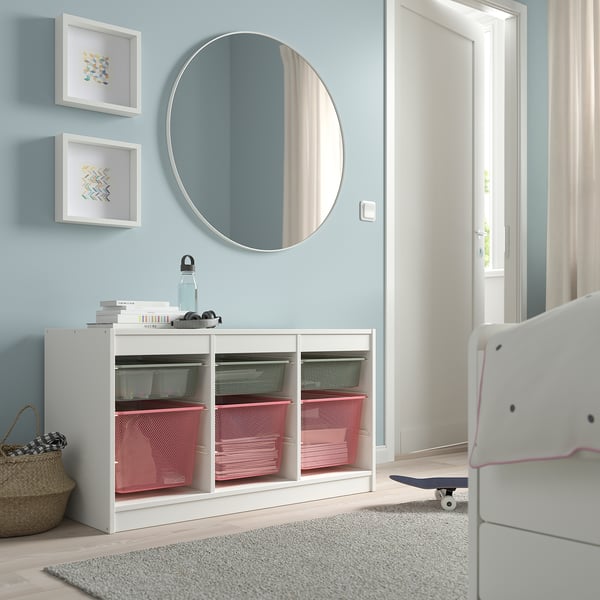 TROFAST - TROFAST Storage combination with boxes, white light green-grey/light red, 99x44x56 cm