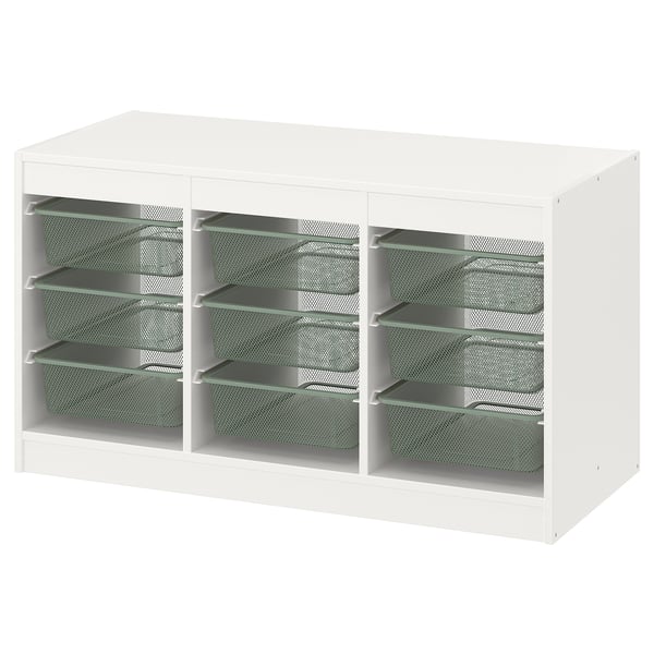 TROFAST storage combination with boxes, white/light green-grey, 99x44x56 cm