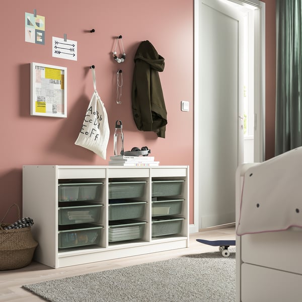 TROFAST storage combination with boxes, white/light green-grey, 99x44x56 cm
