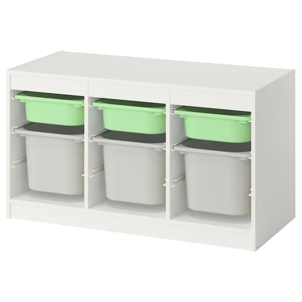 TROFAST - Storage combination with boxes, white light green/grey, 99x44x56 cm
