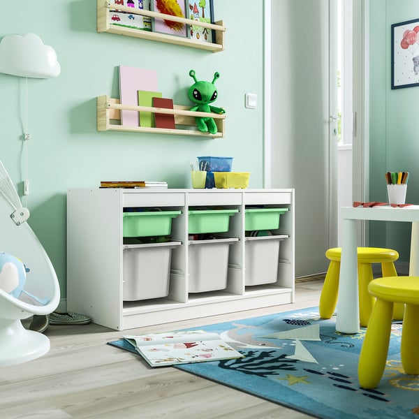 TROFAST storage combination with boxes, white light green/grey, 99x44x56 cm