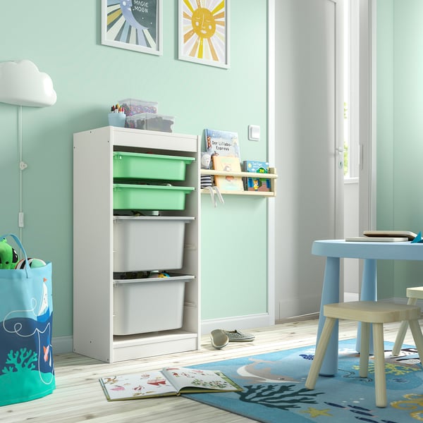 TROFAST storage combination with boxes, white light green/grey, 46x30x94 cm