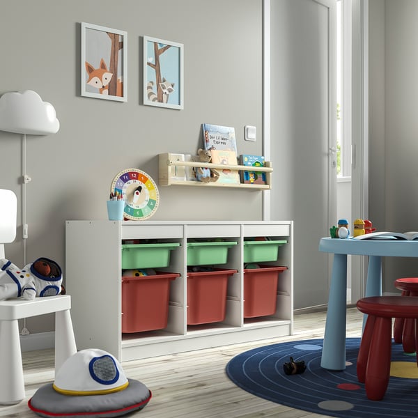 TROFAST storage combination with boxes, white light green/red, 99x44x56 cm