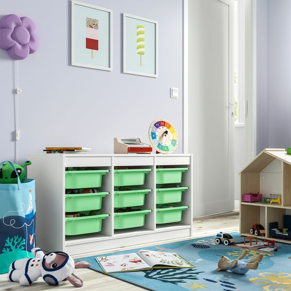 TROFAST storage combination with boxes, white/light green, 99x44x56 cm