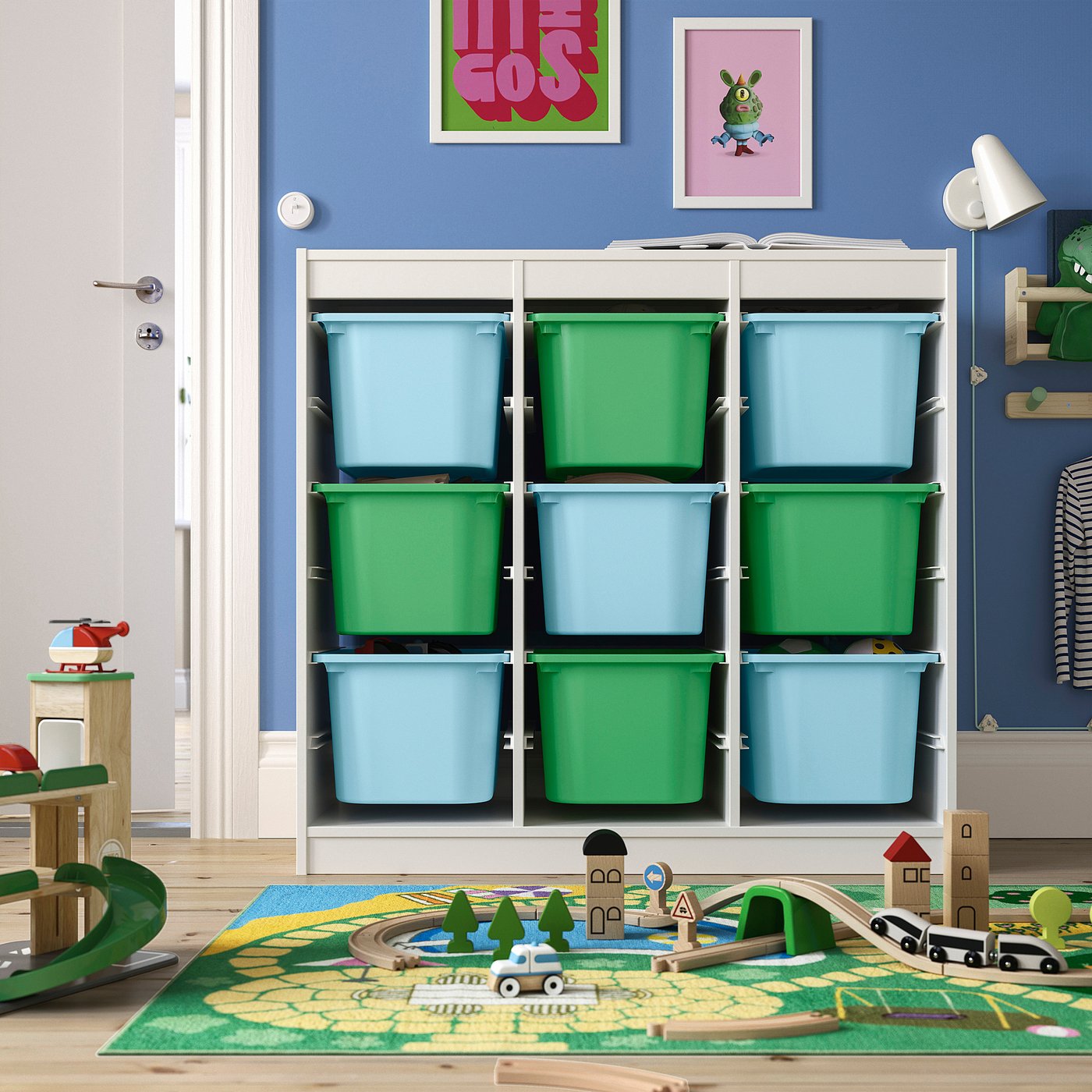 TROFAST storage combination with boxes, room divider white/light blue bright green, 99x44x94 cm