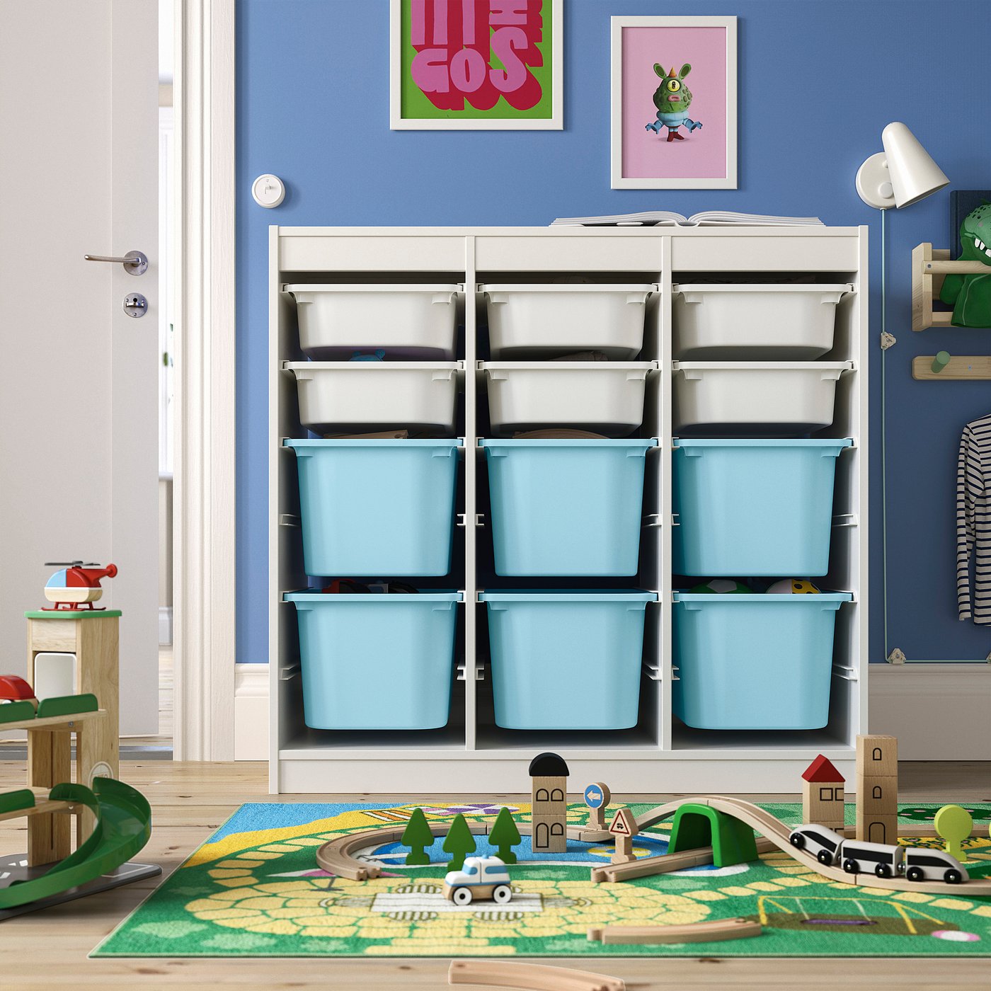 TROFAST storage combination with boxes, room divider/white light blue, 99x94x44 cm