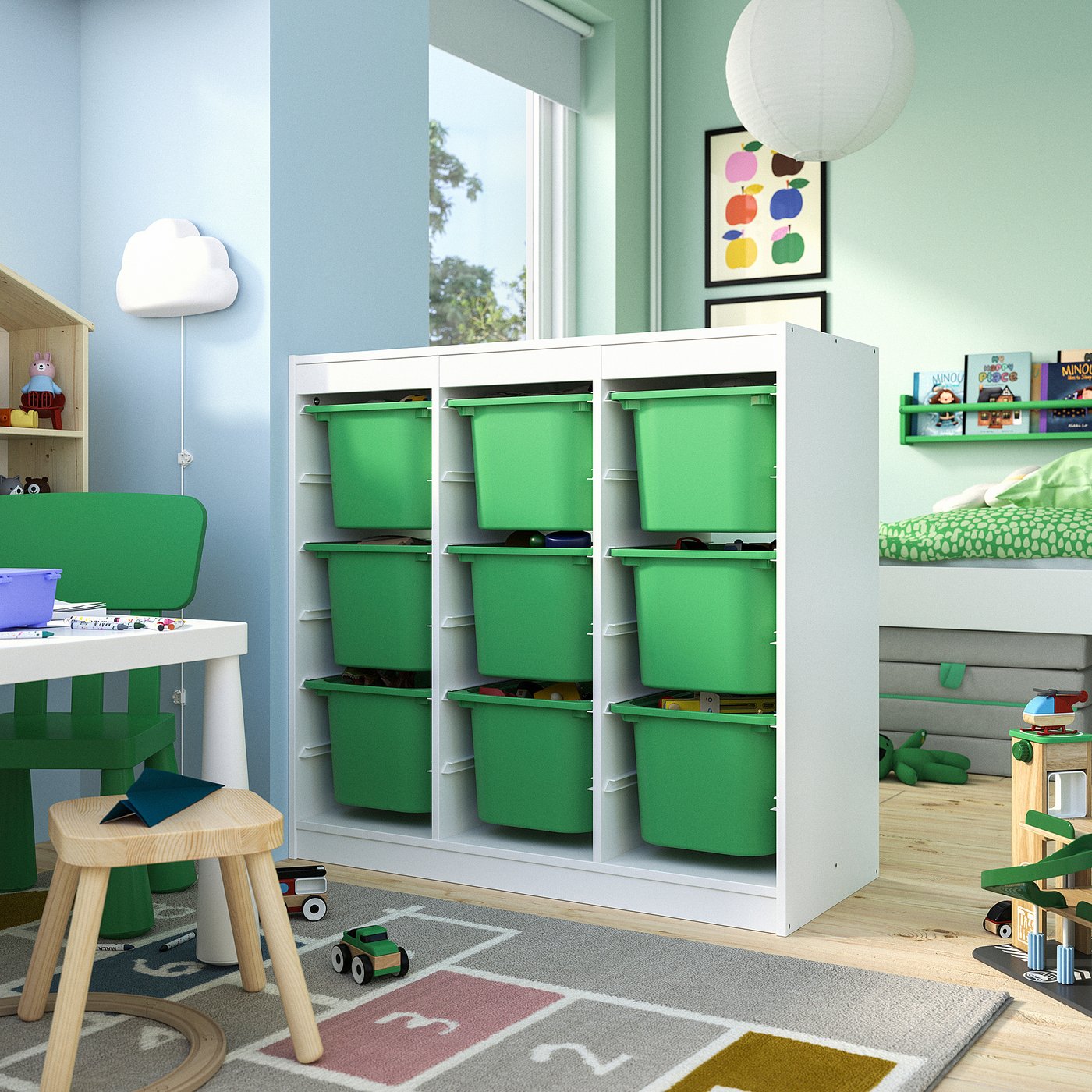 TROFAST storage combination with boxes, room divider/white bright green, 99x44x94 cm