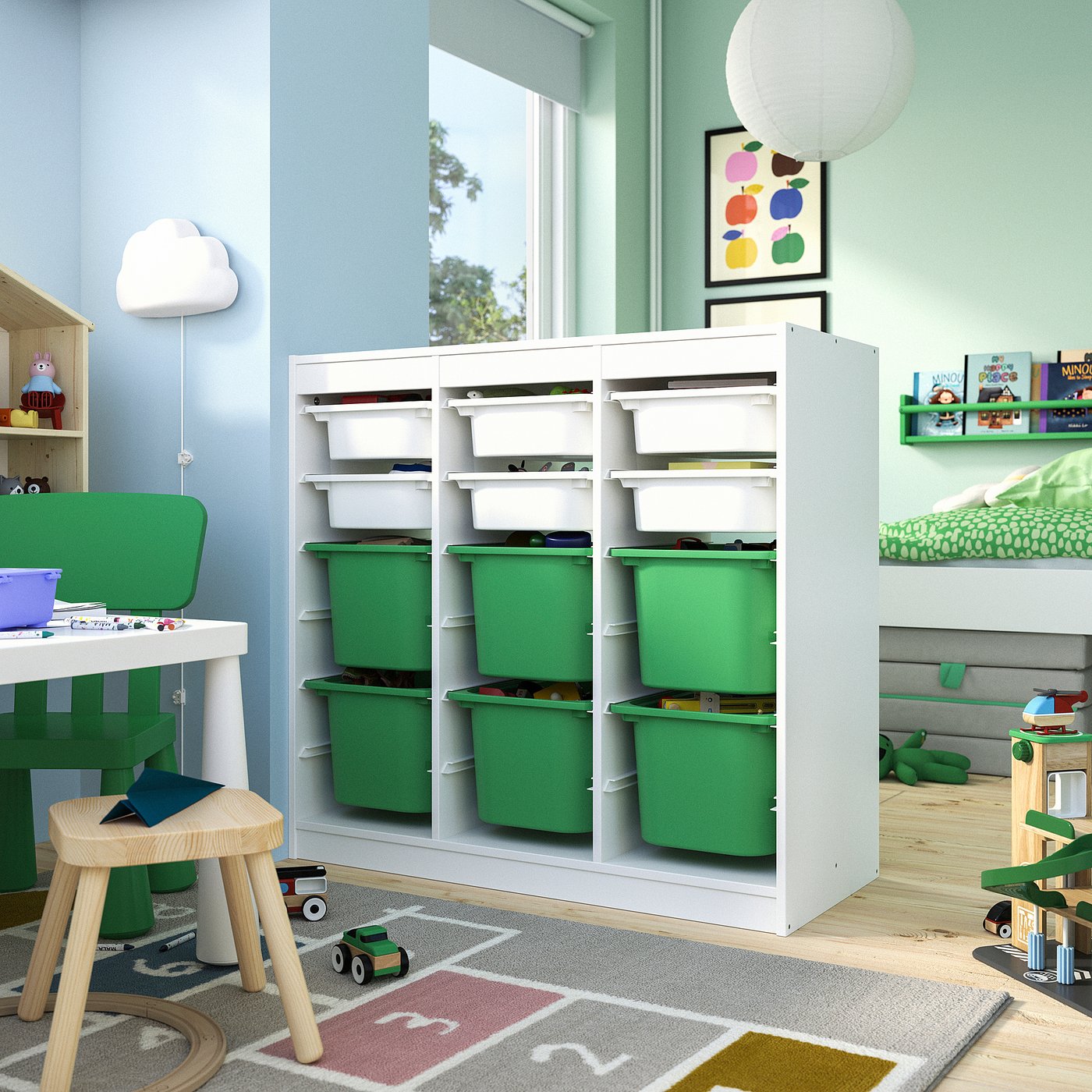 TROFAST storage combination with boxes, room divider/white bright green, 99x94x44 cm