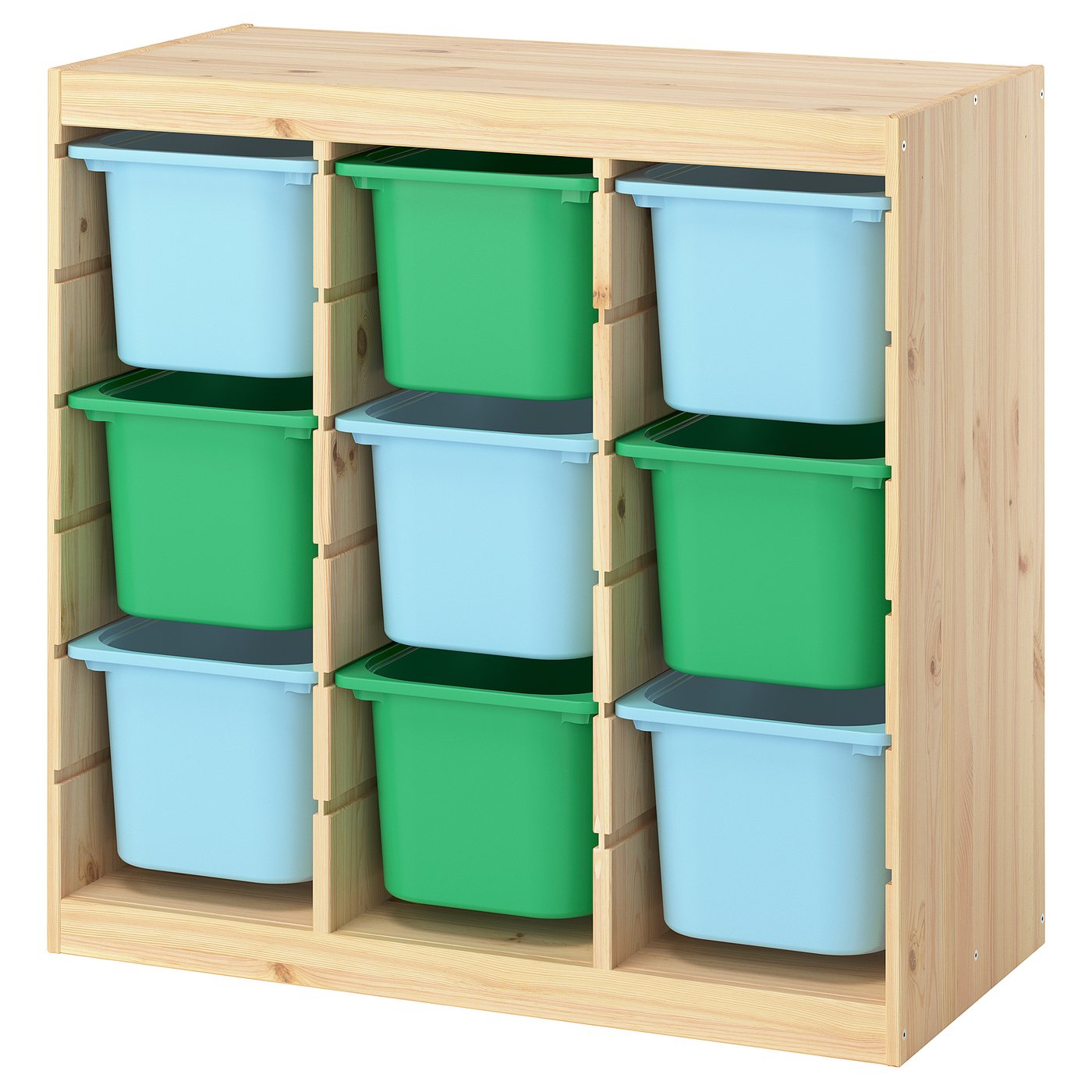TROFAST storage combination with boxes, room divider light white stained pine/light blue bright green, 93x91x44 cm