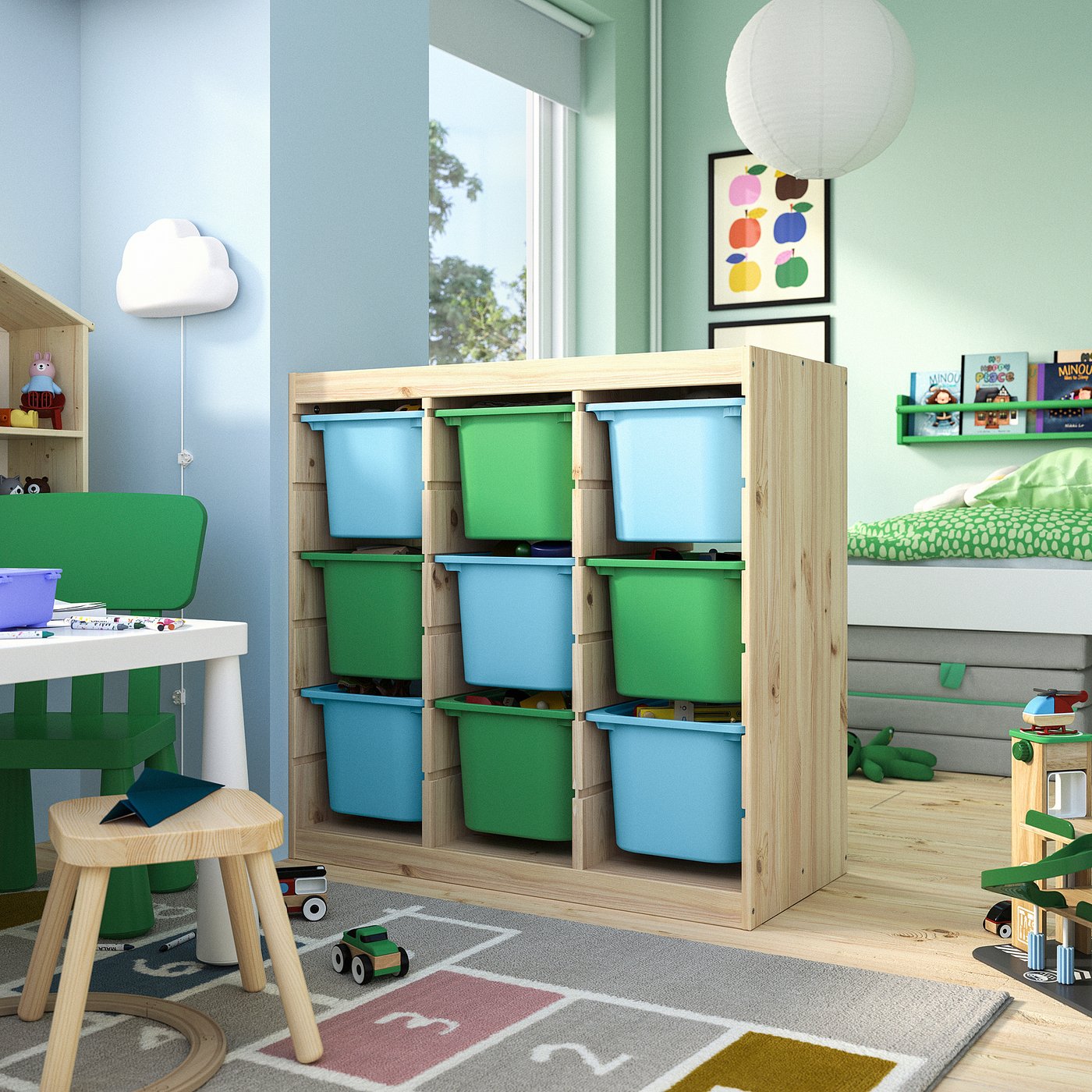 TROFAST storage combination with boxes, room divider light white stained pine/light blue bright green, 93x91x44 cm
