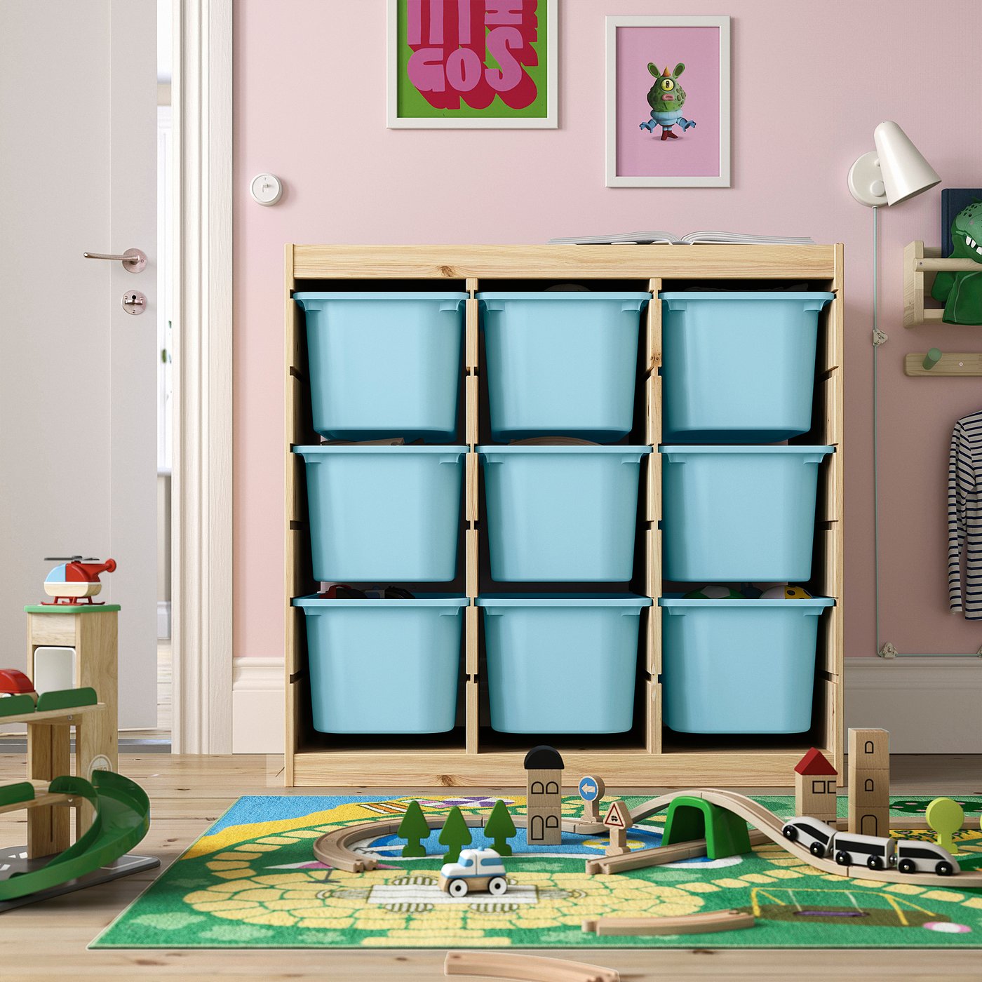 TROFAST storage combination with boxes, room divider/light white stained pine light blue, 93x91x44 cm