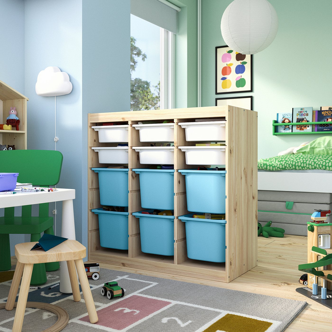 TROFAST storage combination with boxes, room divider light white stained pine/white light blue, 93x91x44 cm