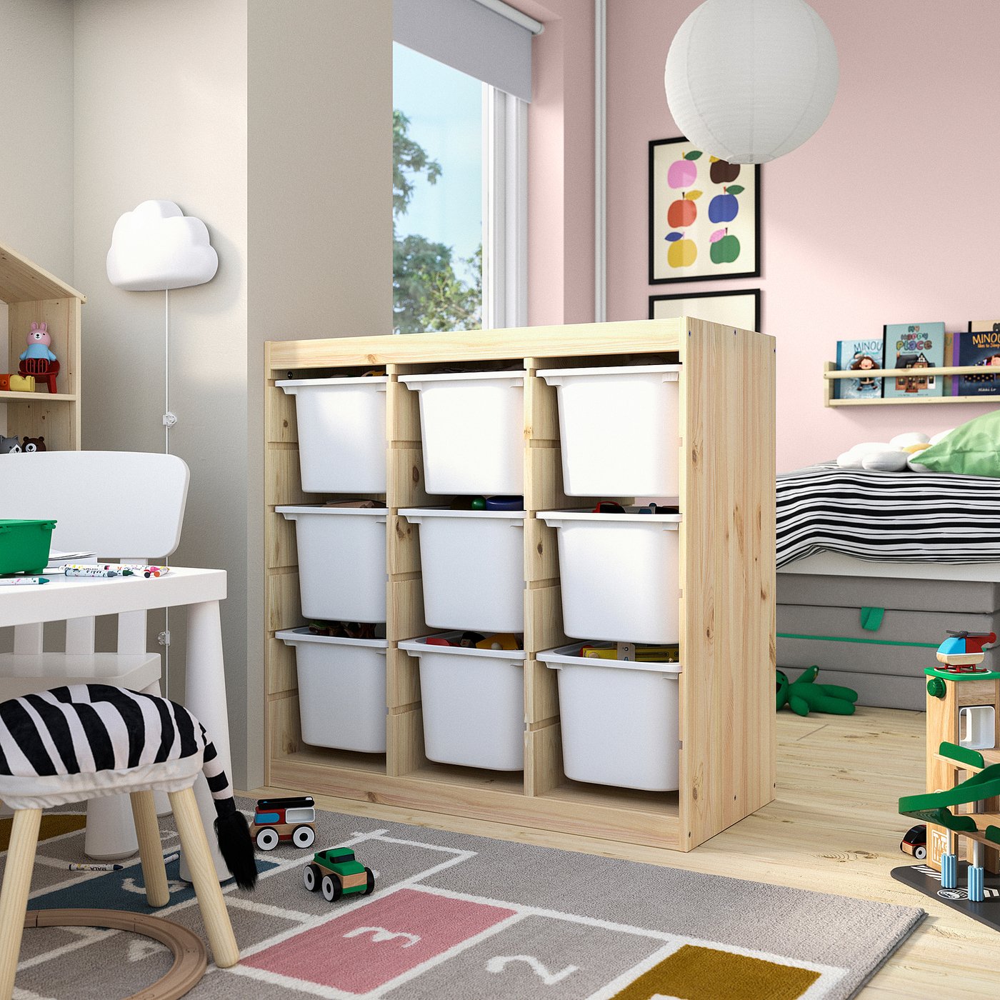 TROFAST storage combination with boxes, room divider/light white stained pine white, 93x91x44 cm