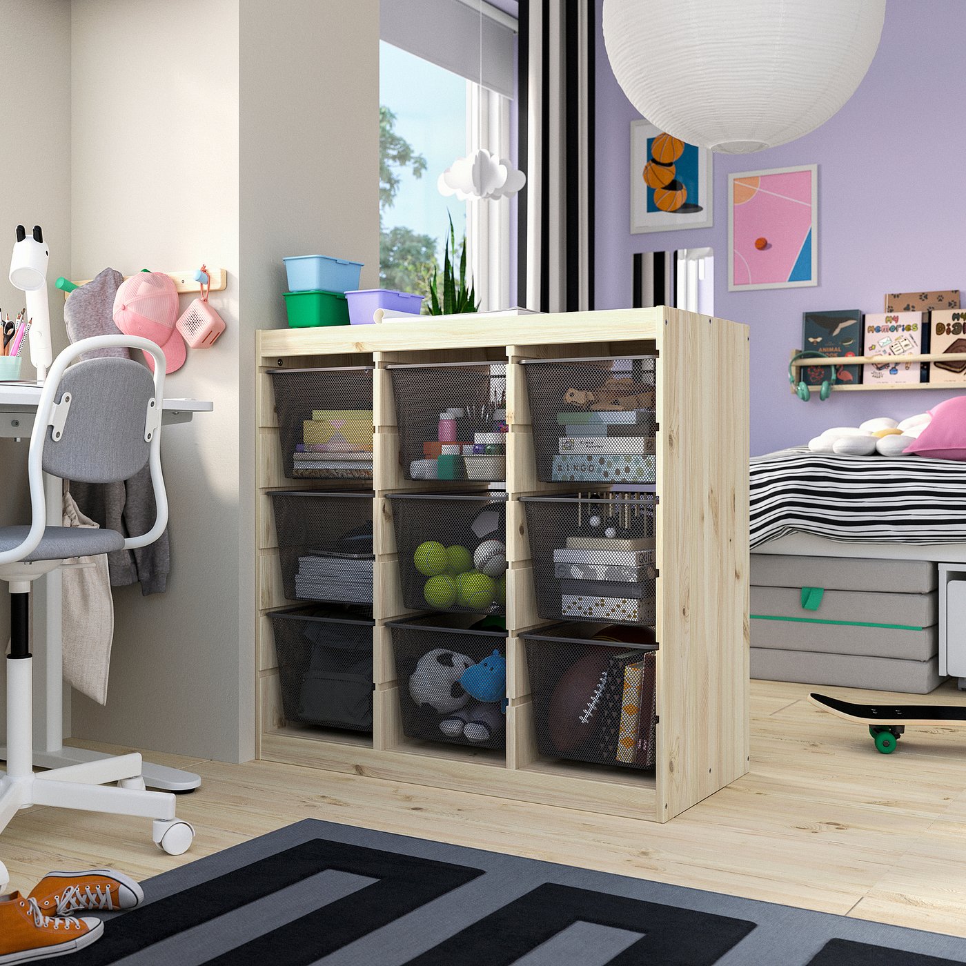 TROFAST storage combination with boxes, room divider/light white stained pine dark grey, 93x91x44 cm