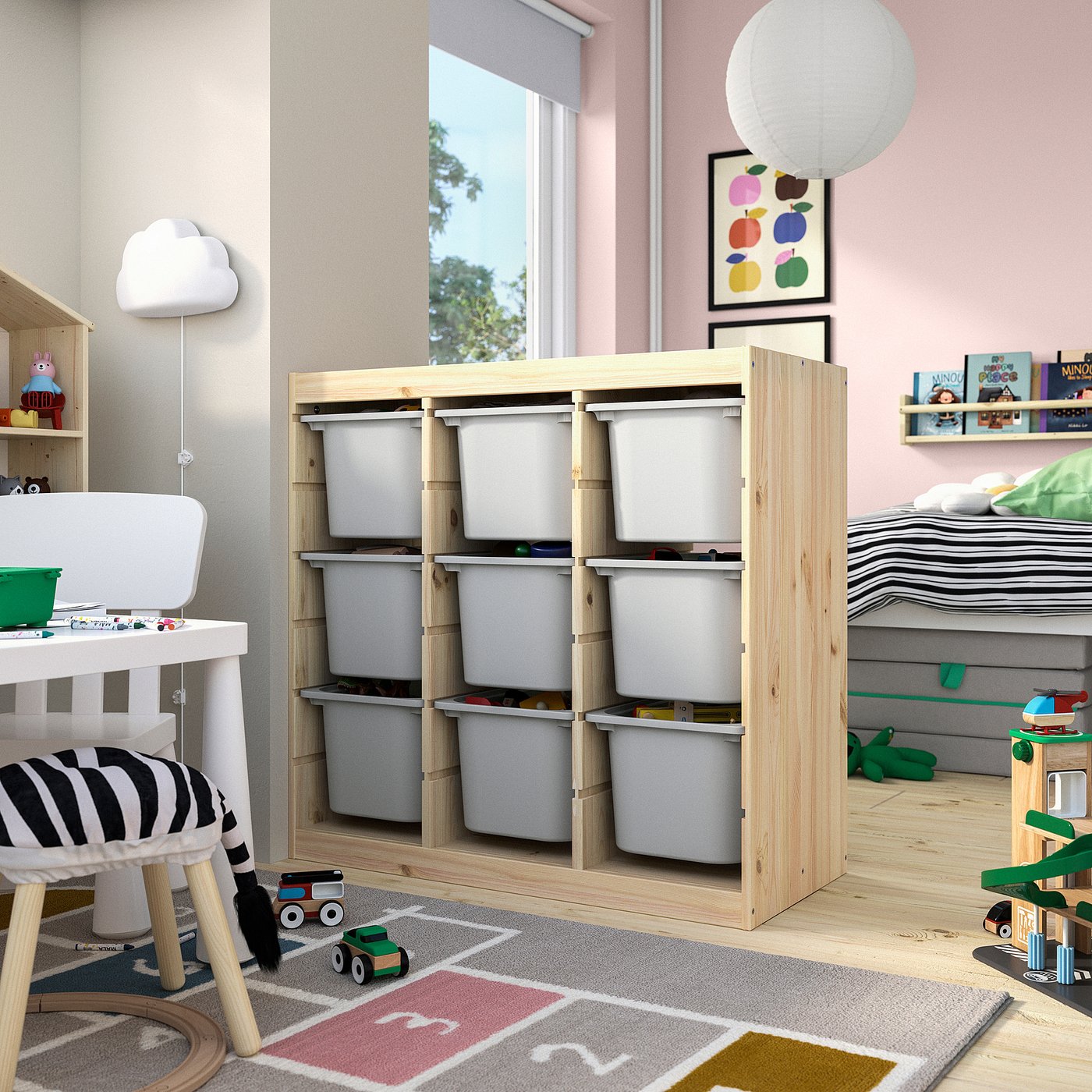 TROFAST storage combination with boxes, room divider/light white stained pine grey, 93x44x91 cm